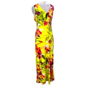 NEW DIRECTIONS Neon Lime Green Hawaiian Floral  Ruffle Wrap Front Dress S NWOT